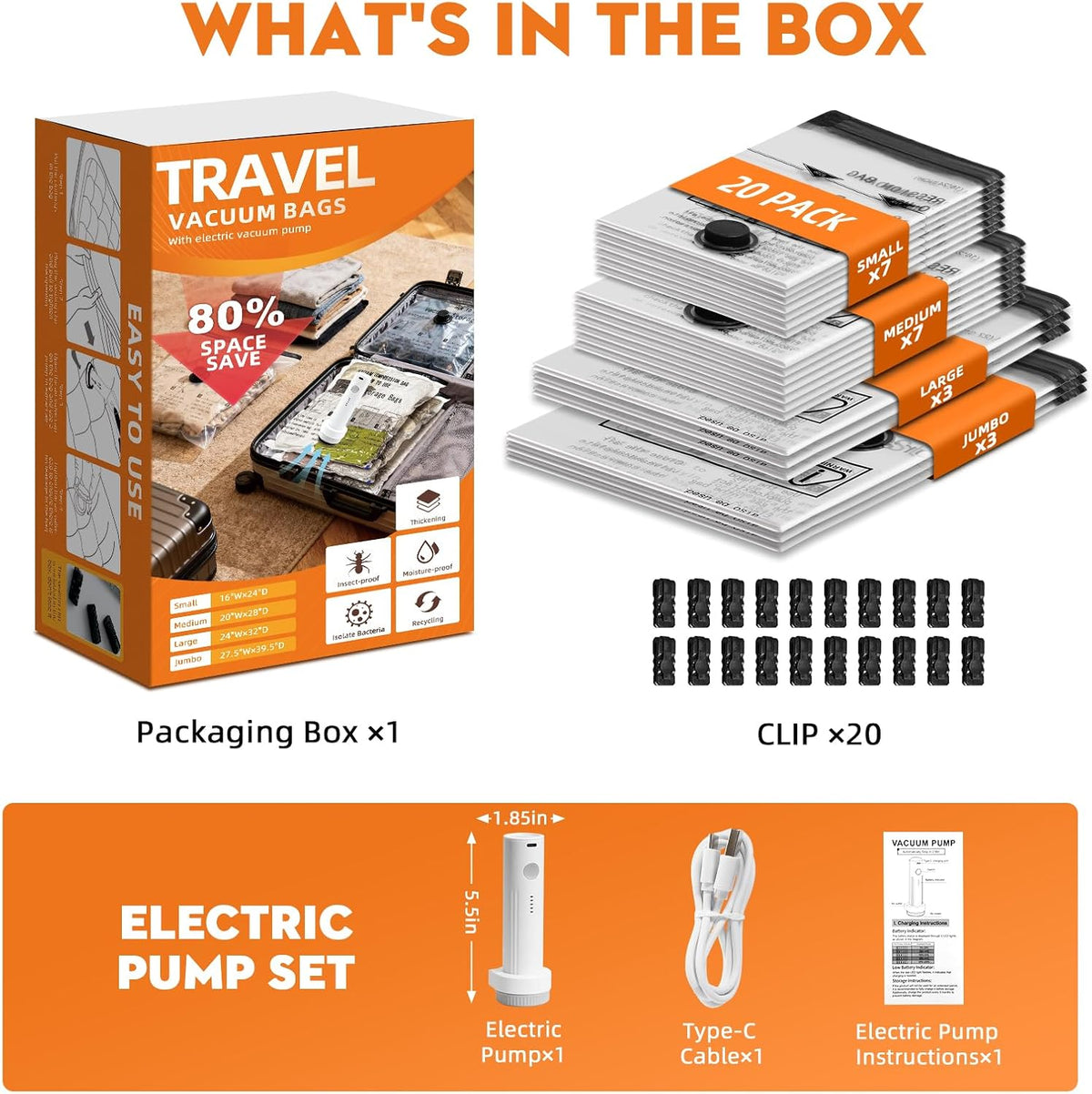 Travel Vacuum Bags with Electric Pump, 20 Pack Luggage Storage Seal Bag, Clothes Compression Suitcase Packing Sealer Bags, Cordless Hefty Vacuum Sealed Space Saver Bags (7S+7M+3L+3J)