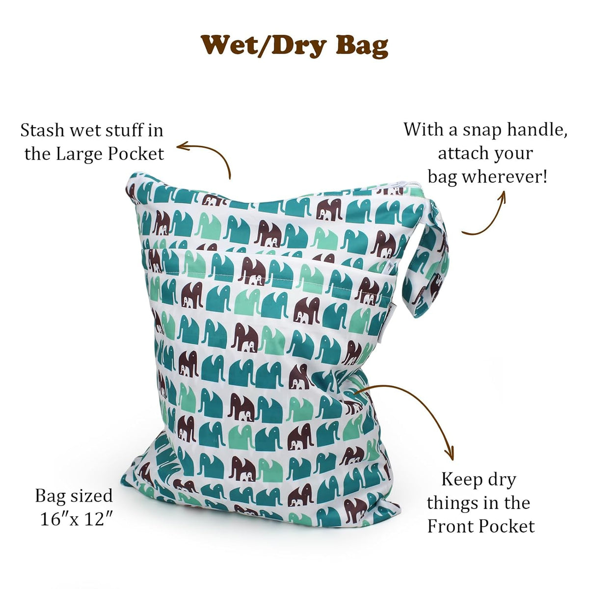 Mama Koala 2 Pack Wet Dry Bags on the Go, Swimming Pool, Beach, in Gym, Fitness Center, Natatorium, Polyester Waterproof Diaper Bag with 2 Pockets, Portable, Reusable, Machine Washable - 12in/16in-022