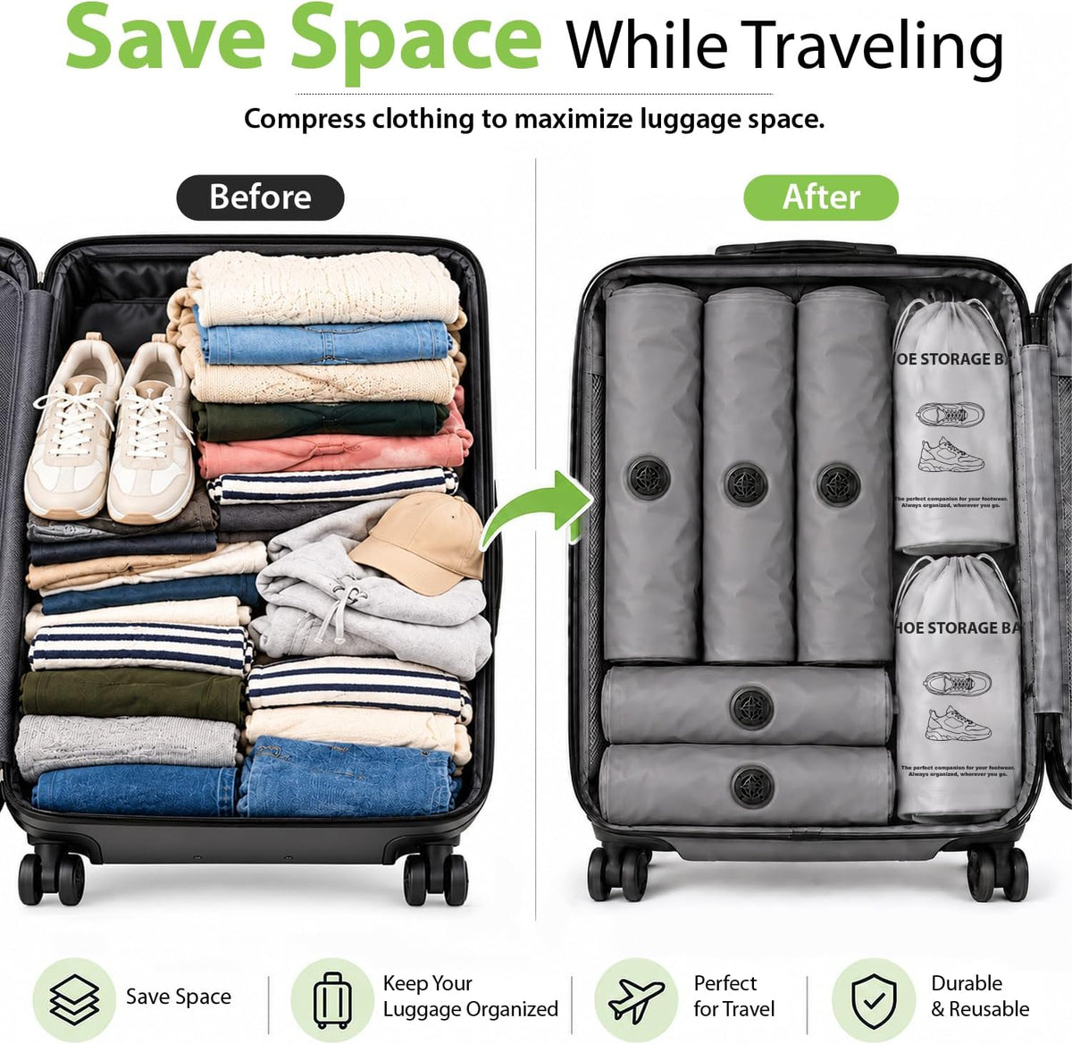 Garnen 7 Piece Travel Compression Packing Cubes, No Pump Needed, Dark Grey