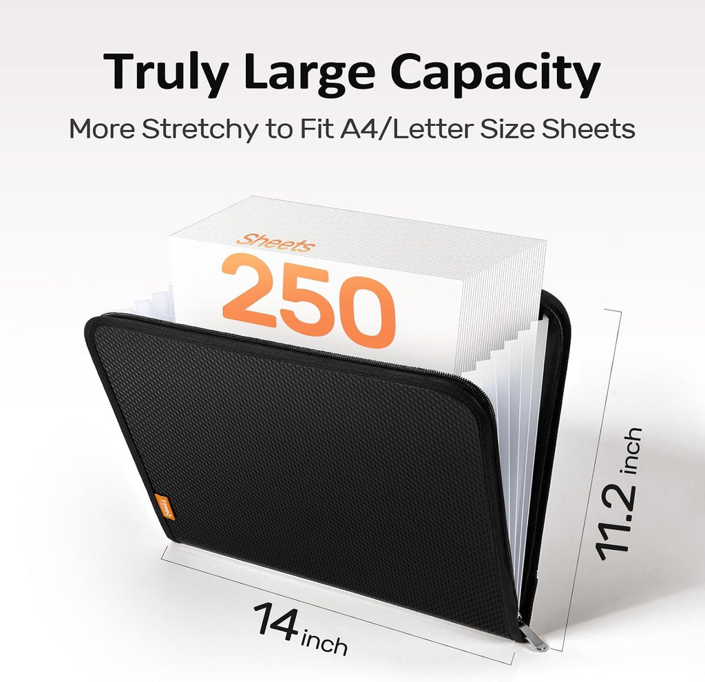 Sooez 7 Pockets Accordion File Organizer, Zipper Expanding File Folder A4