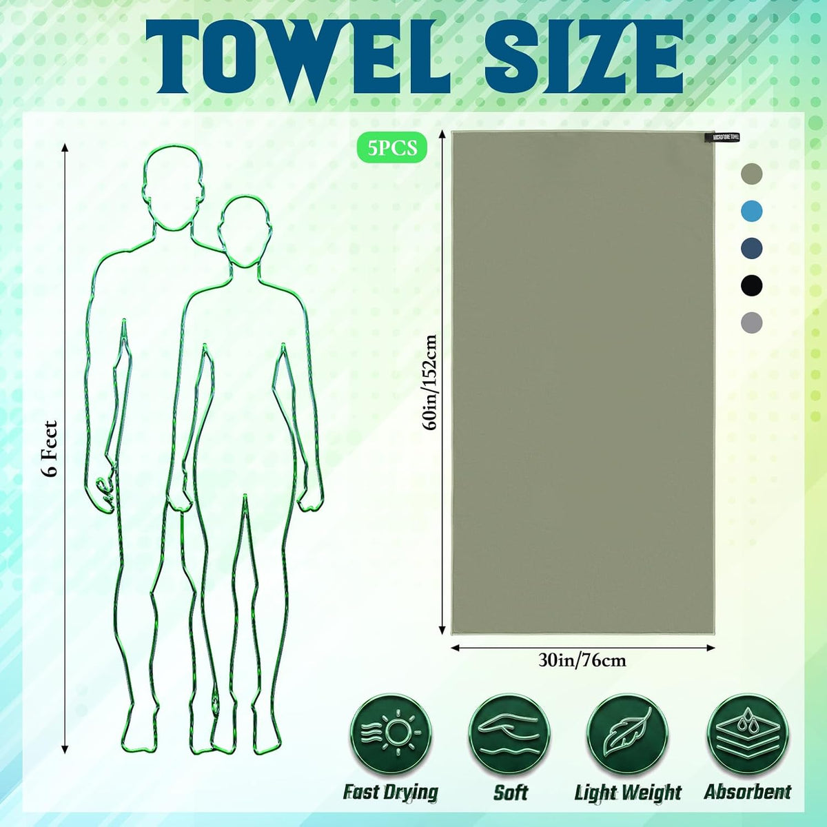Fanfanwin 5 Pcs Microfiber Gym Bath Towel 60" x 30" Quick Dry, Neutral
