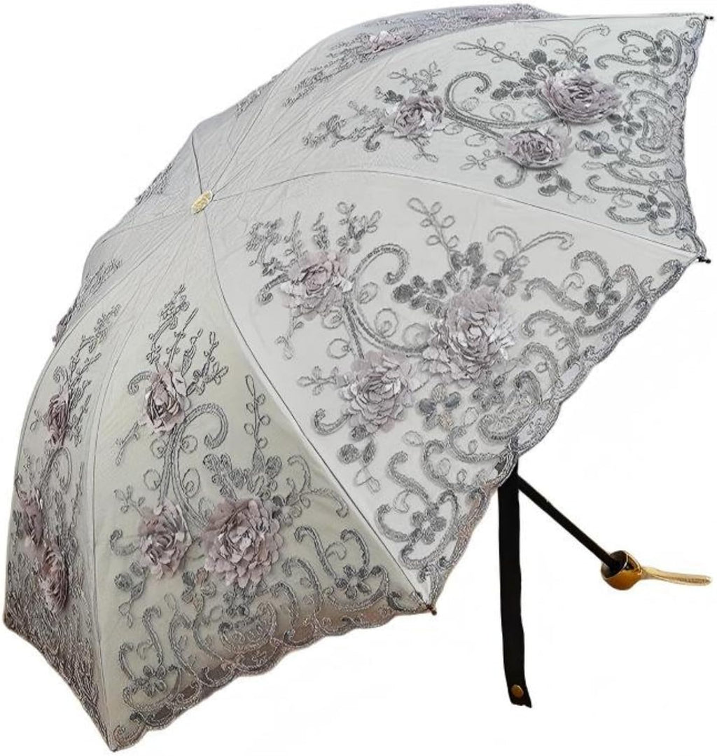 Foldable Lace Sun Parasol UPF 50+ UV Protection Flower Embroidery Vintage Umbrella