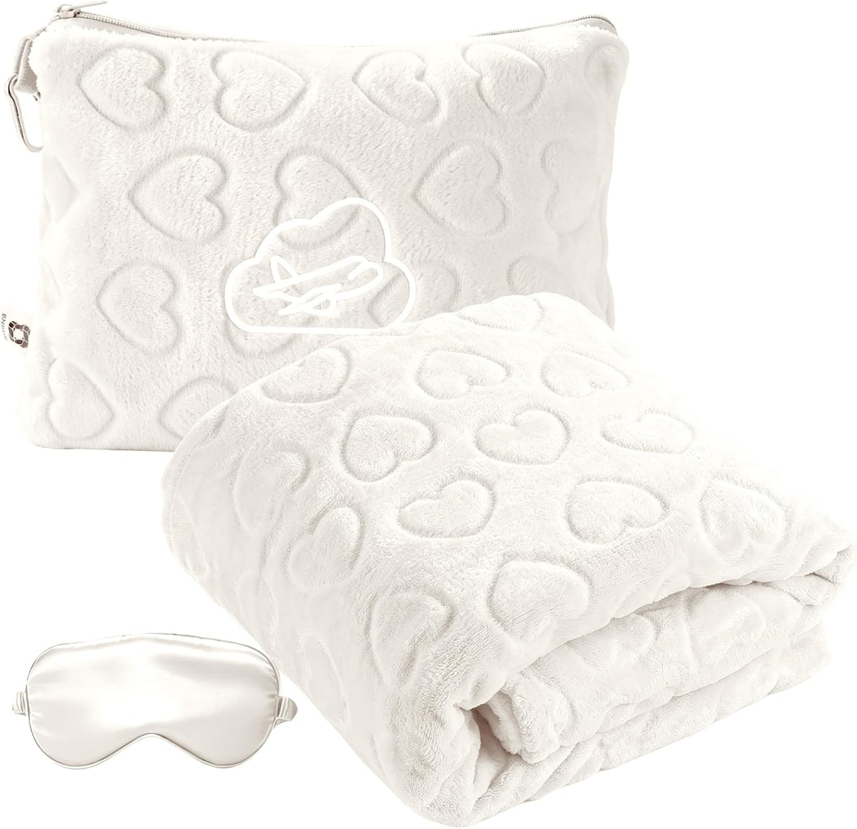 Travel Blanket, Airplane Blanket, Ultra-Soft, Warm & Lightweight, 65x40 in, Outdoor Blanket Essentials for Women, Men & Kids, Included Eye Mask, Luggage Sleeve & Backpack Clip Heart Cream