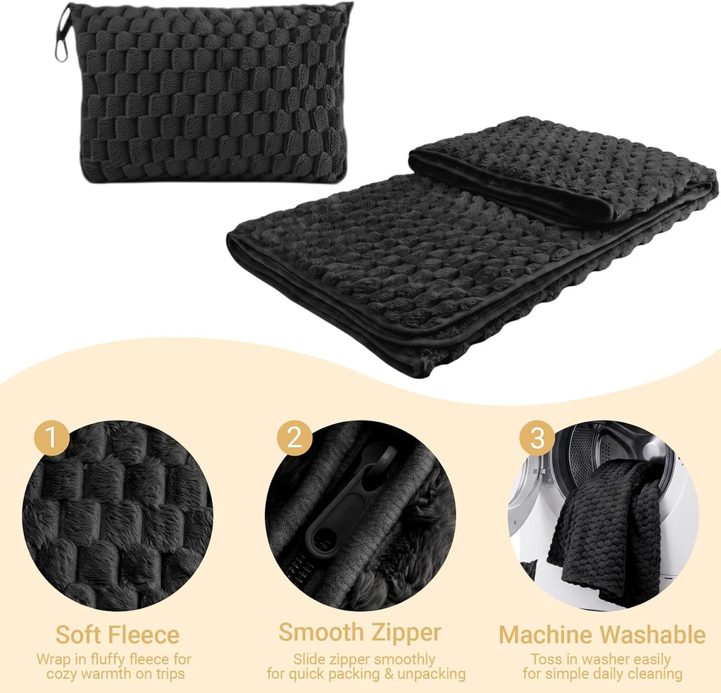 Travel Blanket with Bag, Soft Fleece Portable Airplane Blanket, Black