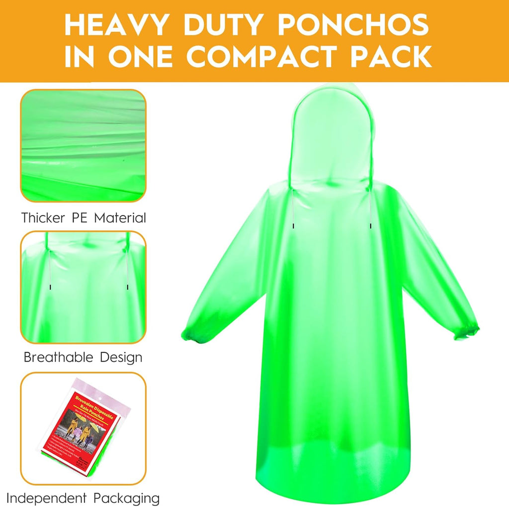 Bruvoalon 6, 20 & 50 Pack Disposable Rain Ponchos for Adults, Waterproof PE with Drawstring Hood and Elastic Cuffs