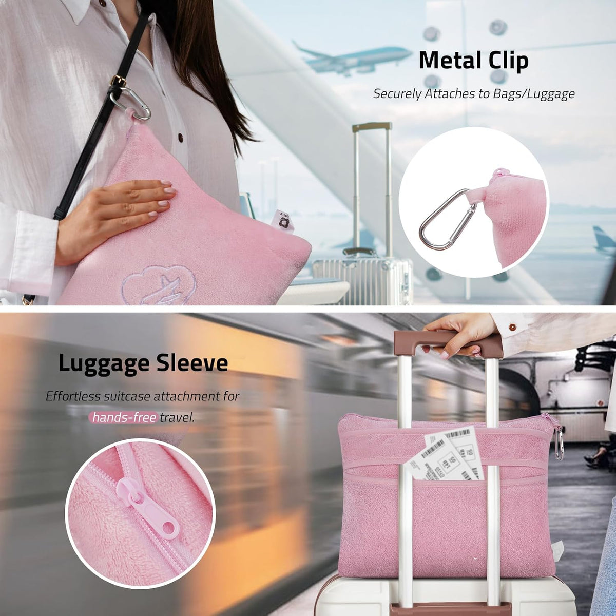 Travel Blanket Pillow,Airplane Blanket Compact with Bag Eye Mask, Ultra-Soft,Warm & Lightweight Included,Travel Essentials for Women & Men, Luggage Sleeve & Backpack Clip 65x40 in, Pink