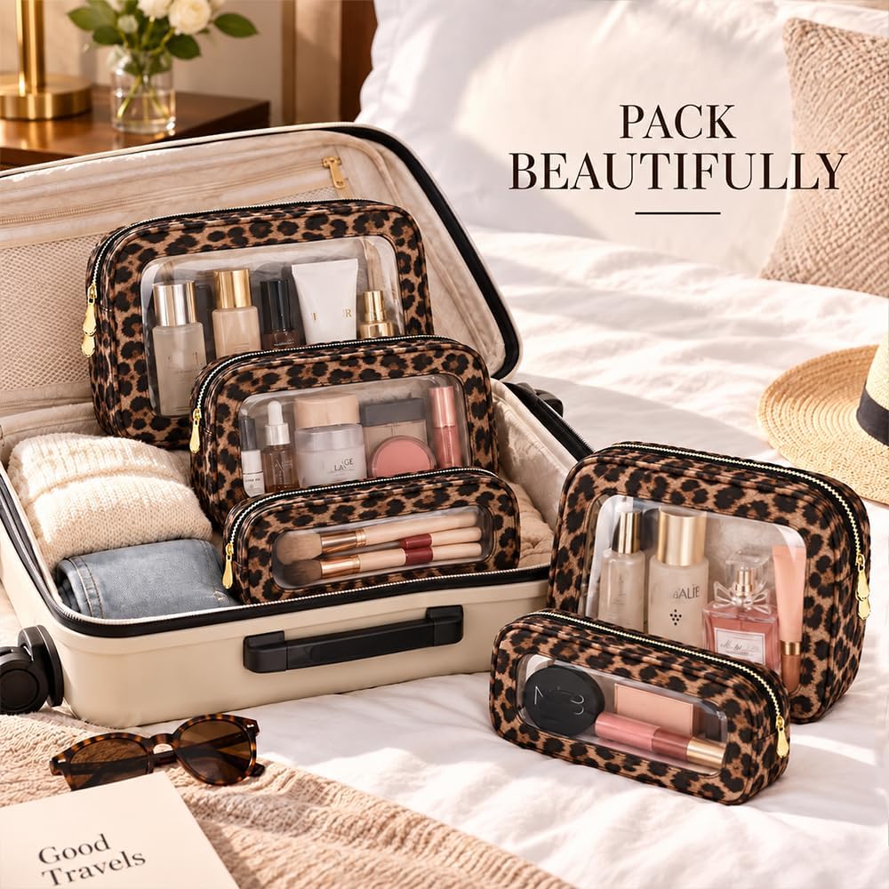 3 Piece Travel Clear Makeup Bag Set, Waterproof Cosemetic Bag with Makeup Brush Bag Make up Pouch Zipper TSA Approved Toiletry Bags for Traveling Car Accessory Bag