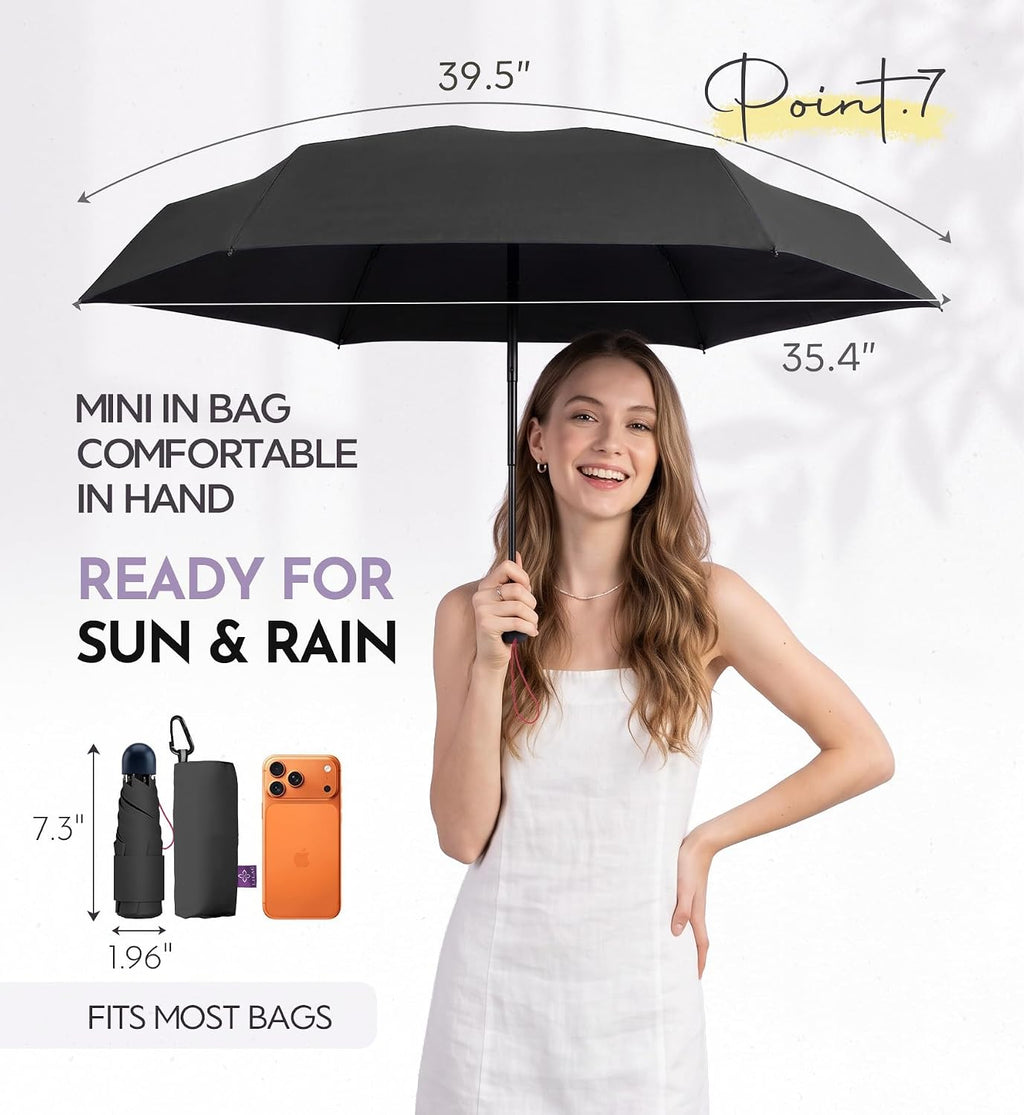 Umbrella Travel Size Mini Compact for Rain, UPF 100+ UV Protection