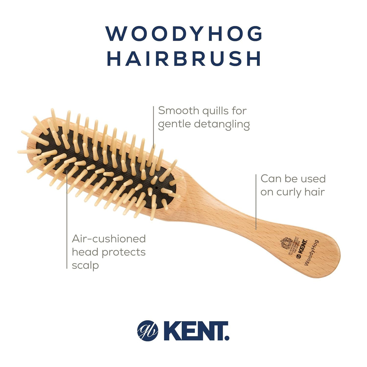 Kent KB Woodyhog Travel Size Detangling Brush Beech-wood, Firm Rounded Wooden Bristles, Natural Cushion Detangler Wooden Hair Brush for Women Men and Kids Everyday Care, Made in England