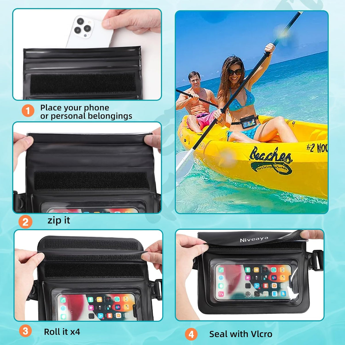 Niveaya Double Space Waterproof Fanny Pack, IPX8 Waterproof Dry Bag Waist Pouch for Beach, Kayaking, Swimming, Boat Travel Essentials, Waterproof Phone Bag & Passport Holder for Women Men(2 Pack)