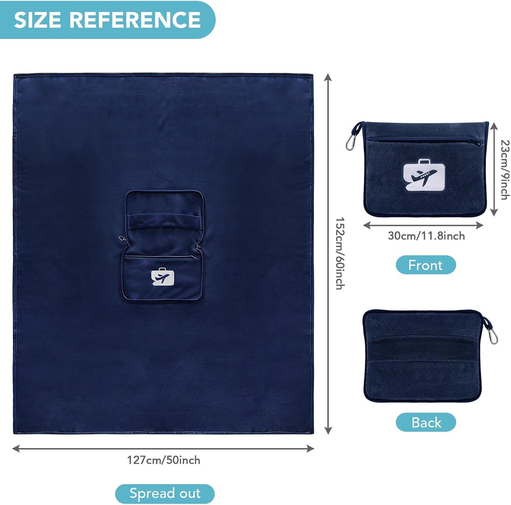SINLAND Travel Pillow and Blanket 2-in-1 Set, Navy Blue, 60x50 Inch