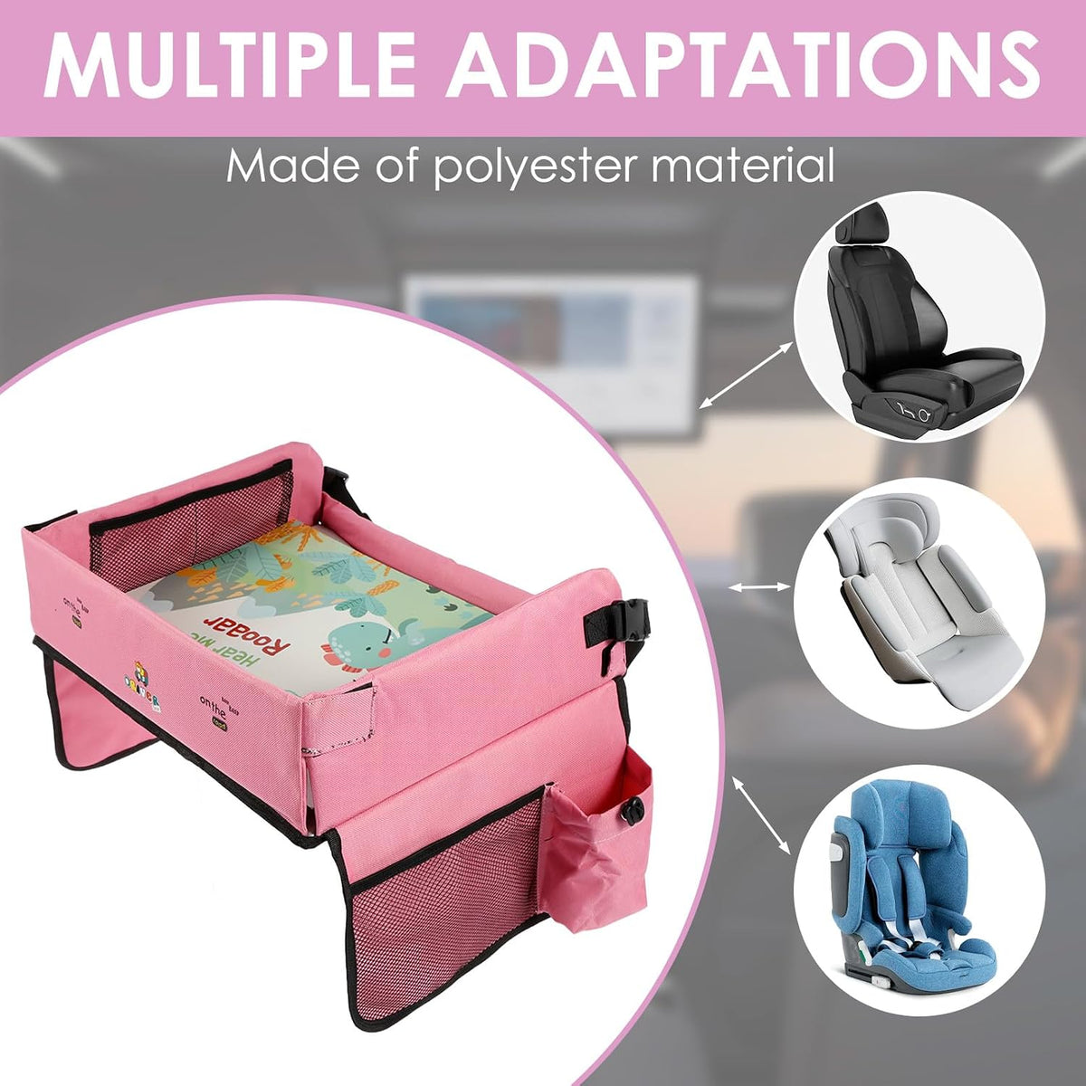 Kids Travel Tray for Toddler Car Seat, Toddler Car Seat Lap Tray, Car Seat Organizer Toddler, Car Lap Desk Table with Storage Pocket, Kids Active Eating Tray for Road Trip, Airplane, Stroller (PINK)
