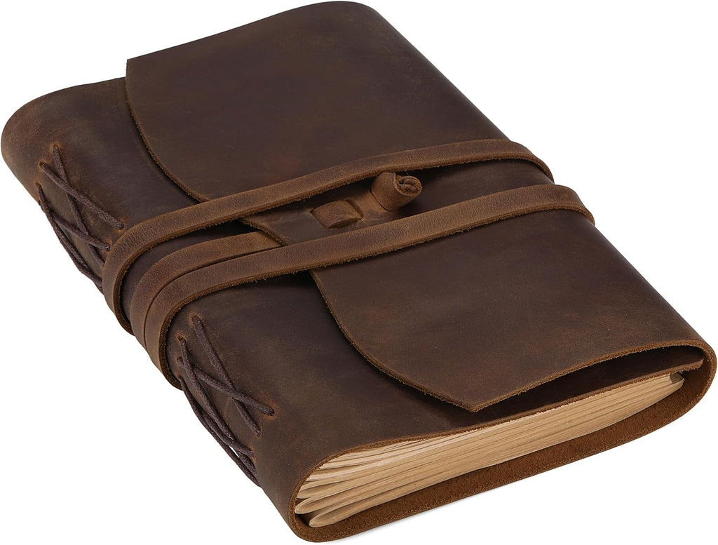 Leather Journal Notebook Genuine Leather Bound Journal Cover for Writing 300 Handmade Kraft A5 Lined Pages Vintage Journal Daily Notepad for Men Women Travel, Brown (8''x6'')