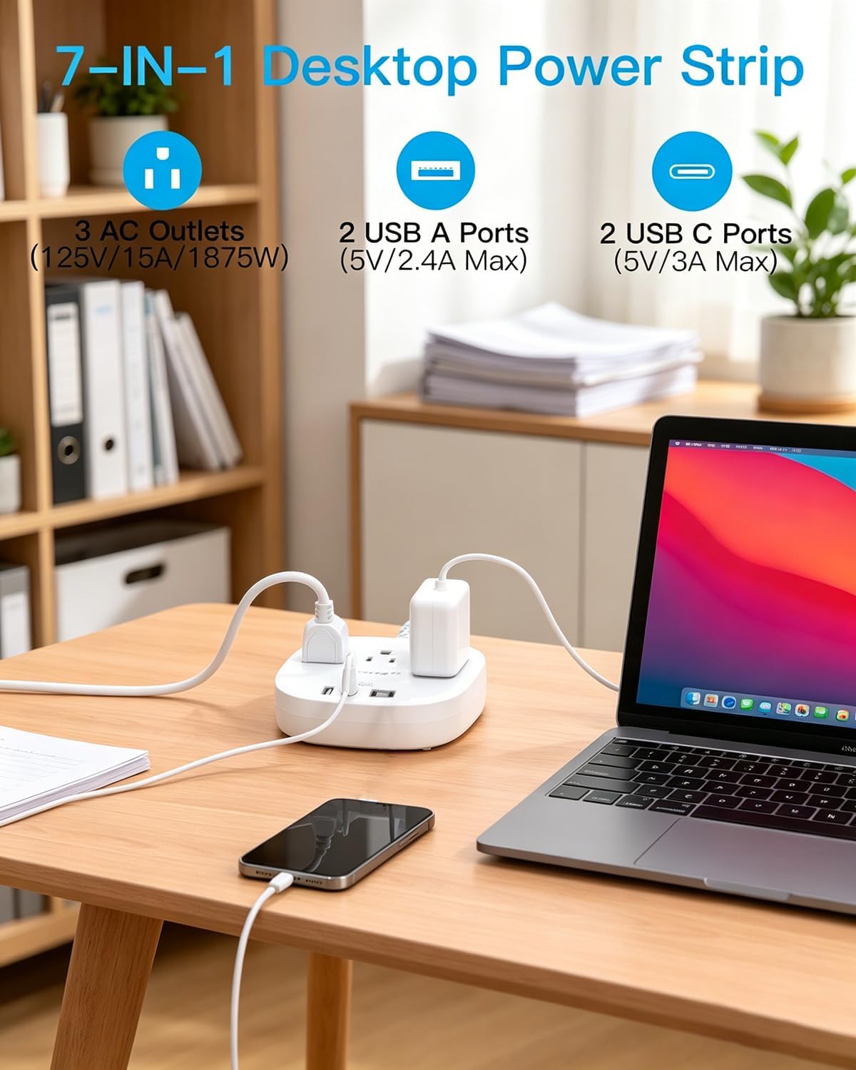 22.5W/4.5A Surge Protector Power Strip for Travel, Flat Plug Extension Cord