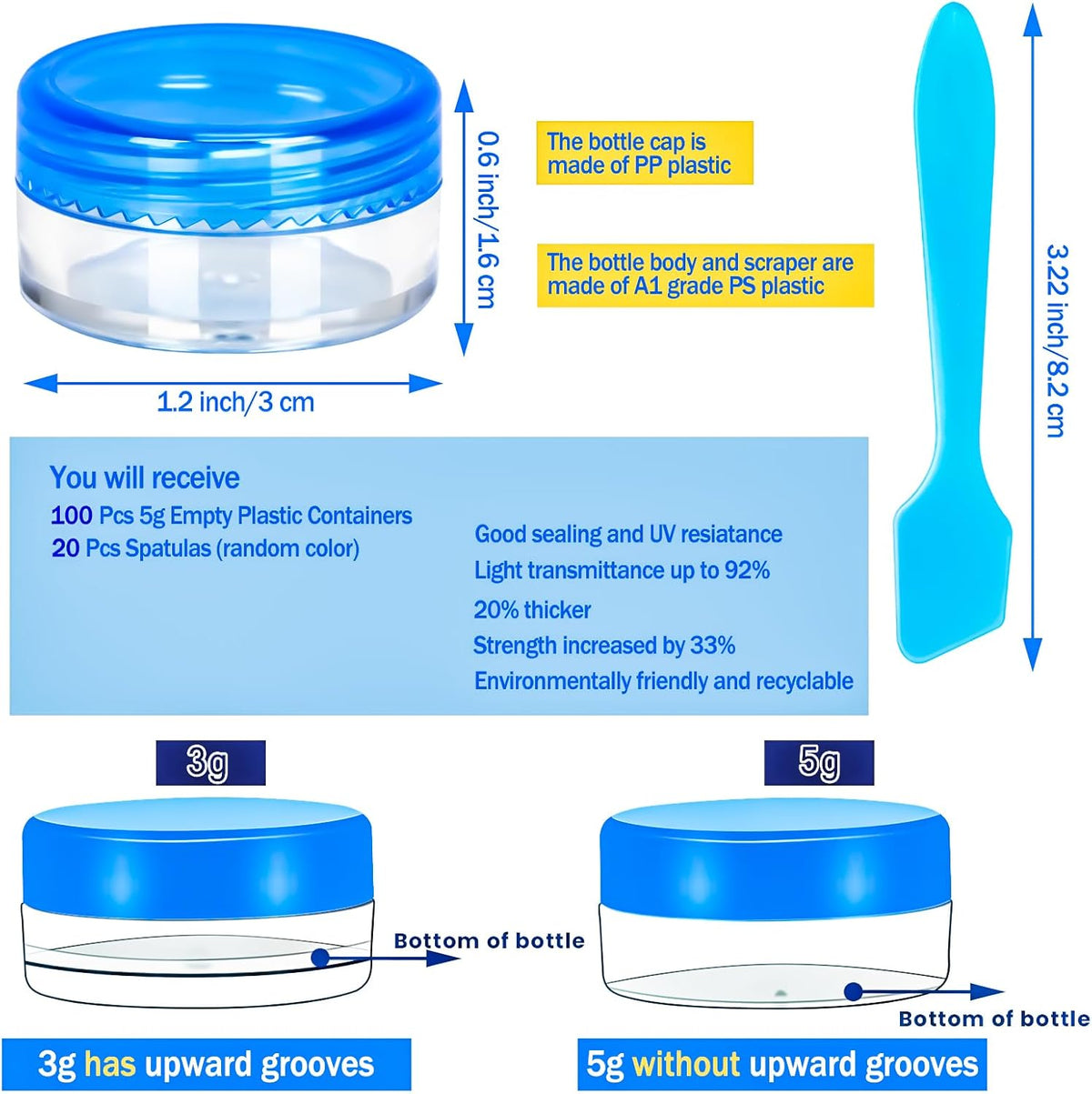 100 Pcs 5g Empty Plastic Containers with Blue Lids,Mini Makeup Sample Containers, Small Sample Pot Jars Round Cosmetic Jars with Mini Spatulas for Liquid Sample Powder Creams Lotions