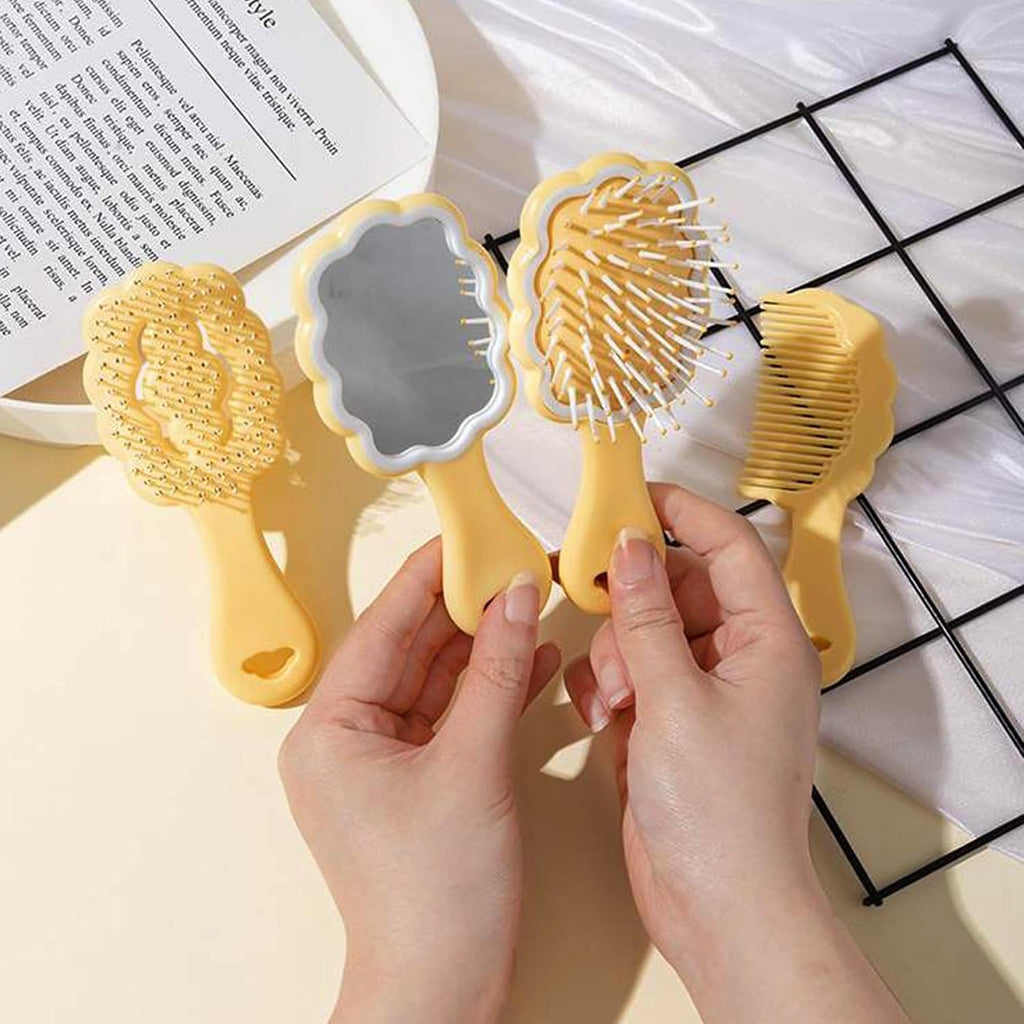 4 Pieces Mini Wet Hair Brush Hair Comb Set For Women Girls Kids Gift Small Cute Cloud shaped Hair Comb Hair Brush Handheld Mirror Set Travel Detangling Comb Massage HairBrush with Air Cushion (Yellow)