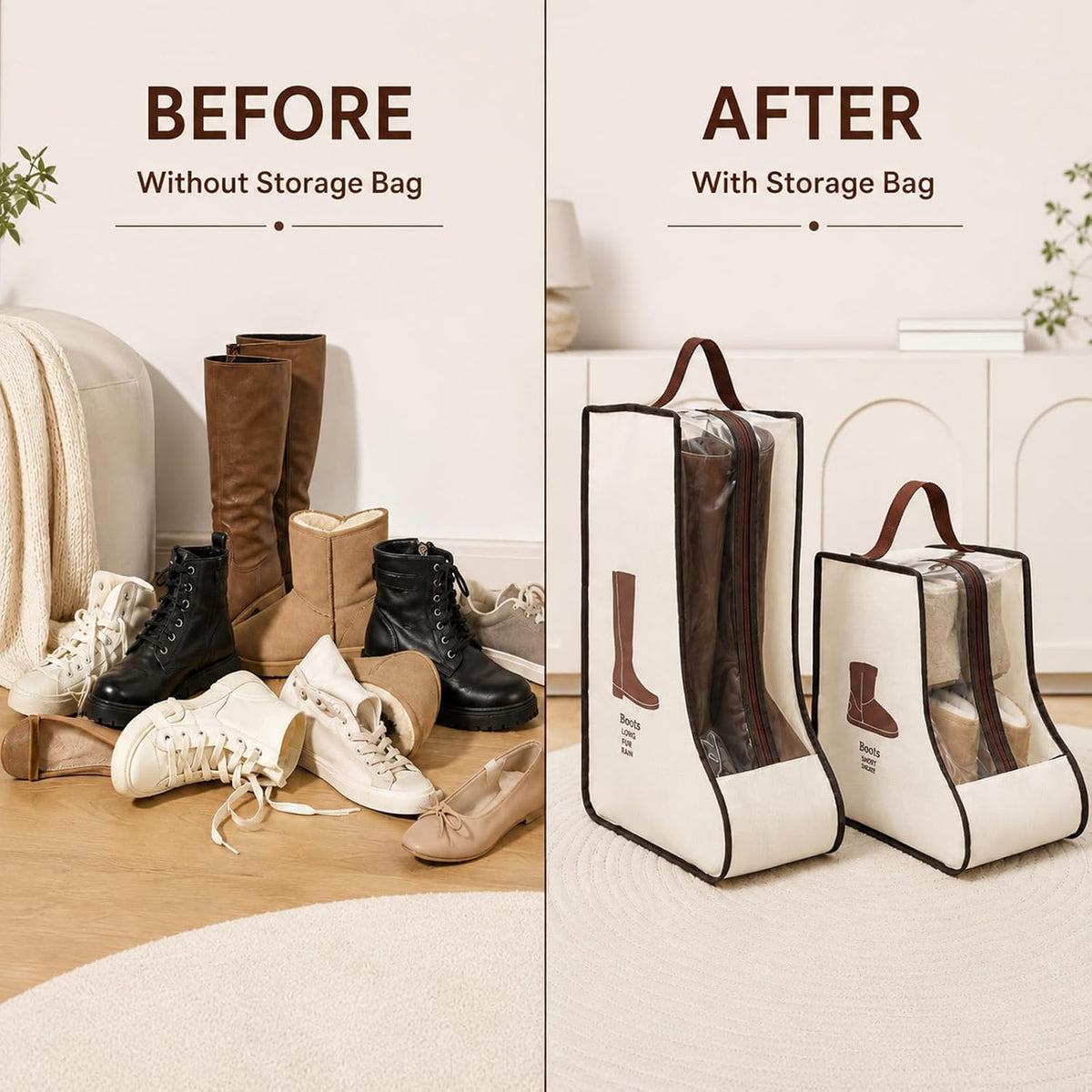 Tall Boot Storage Bag Organizer for Closet and Travel, Portable Dustproof Bags for Cowboy (4 Pcs Beige Short & Long Boot)