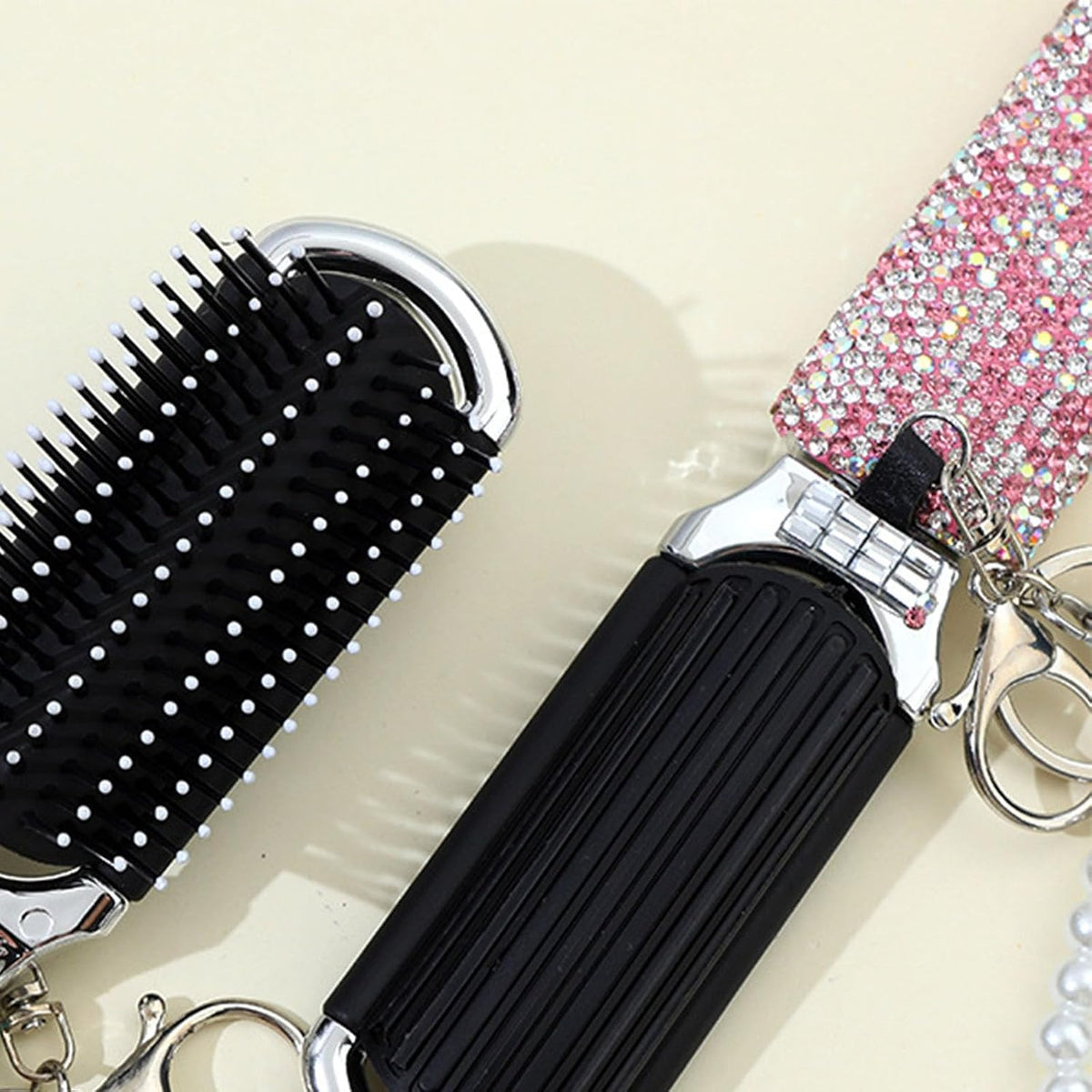 1 Pack Rhinestone Pocket Hair Brush with Mirror Bling Travel Folding Combs Sparkle Portable Collapsible Compact Comb for Women Wedding Party Silver White (With Chain-Pink)