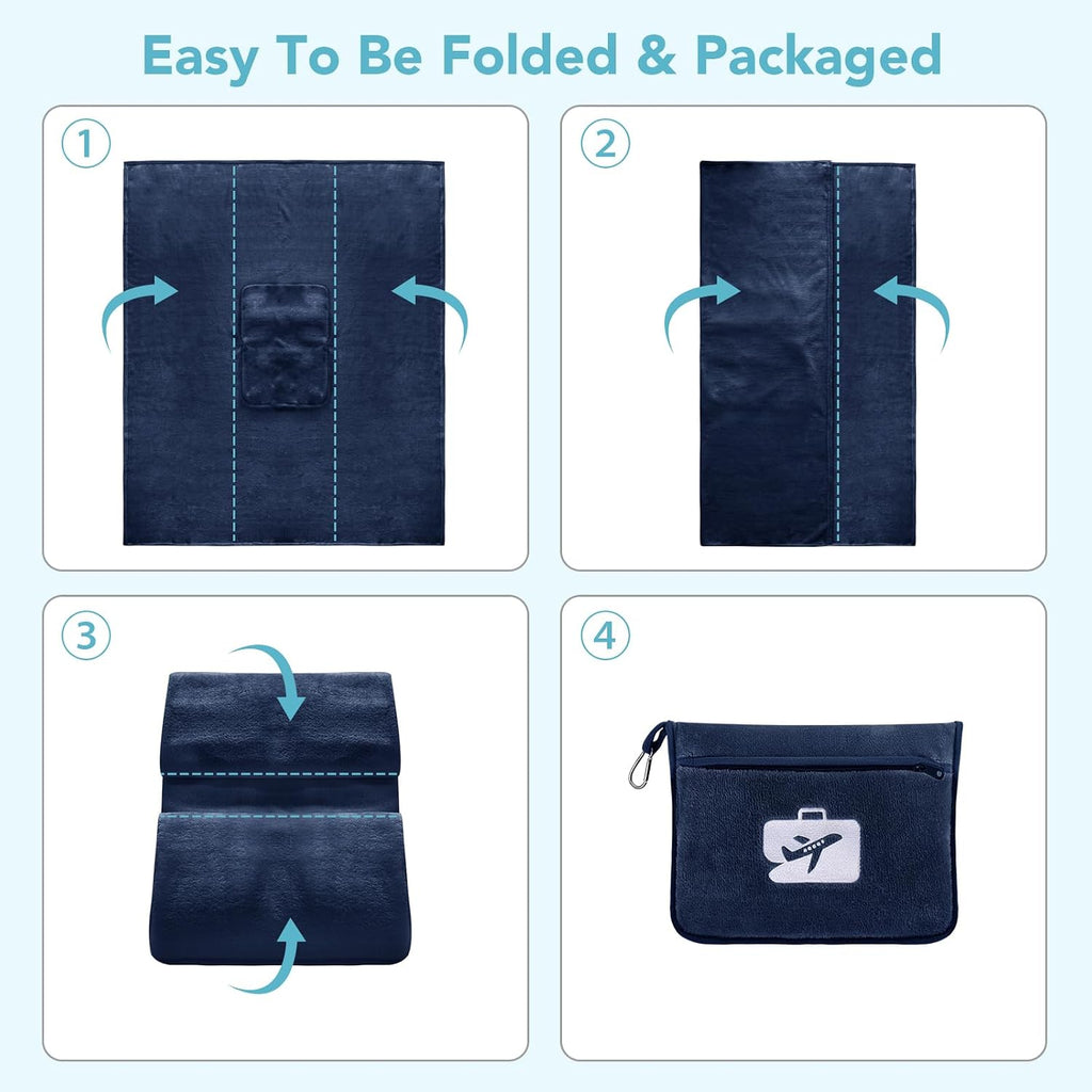 SINLAND Travel Pillow and Blanket 2-in-1 Set, Navy Blue, 60x50 Inch