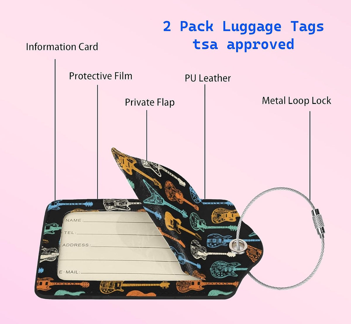 2 Pack Luggage Tags for Suitcase Leahter Colorful Guitar Luggage Tag with Privacy Flap,Name ID Label and Metal Loop for Women Men Girls Baggage Bag Backpack Instrument