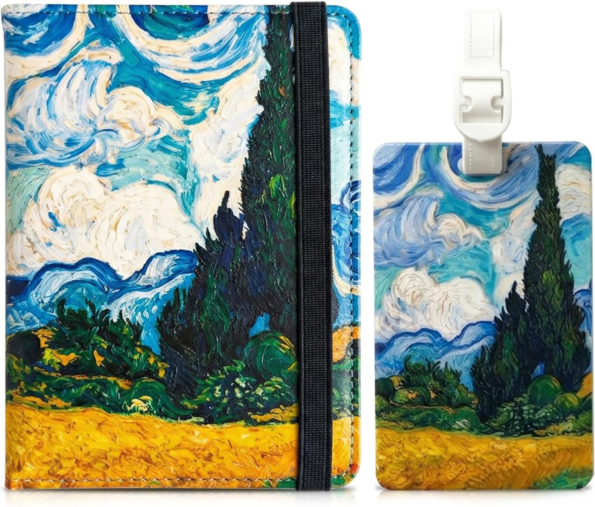 Travel Passport Holder Luggage Tag Set Artistic PU Leather Passport Cover Wallet with Funny Luggage Tag for Travel Suitcase Women and Men
