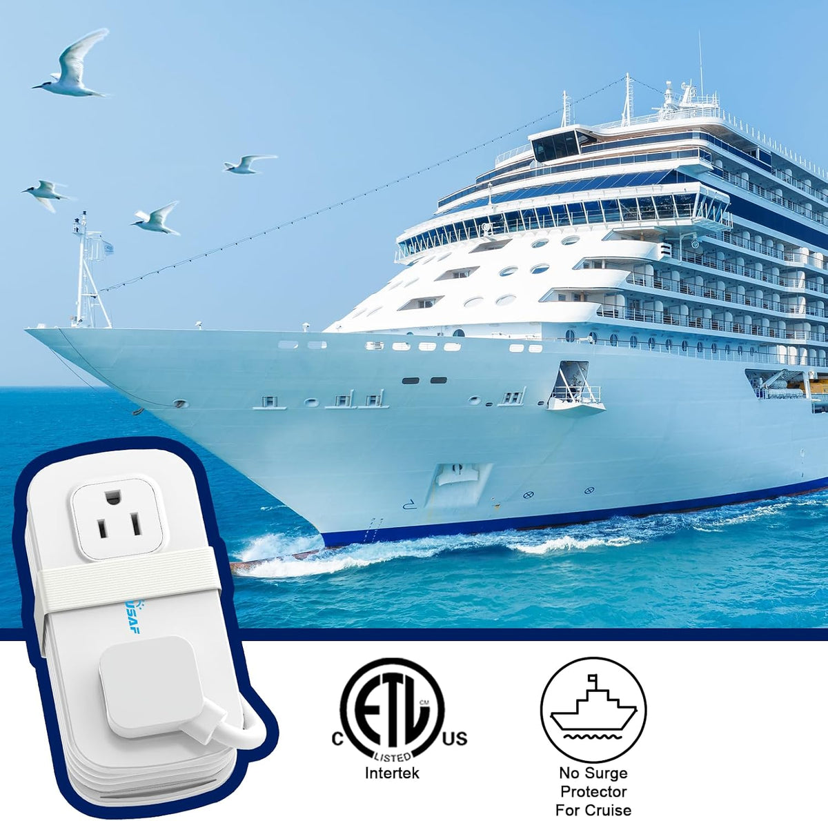POWSAF Cruise Essentials 4-Ft Travel Power Strip with 4 Outlets and 3 USB Ports (2 USB C), Non Surge Protector for Cruise Ship, Travel Essentials, Home Office, ETL Listed, White