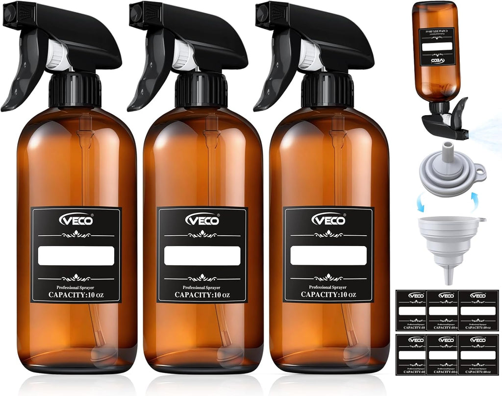 Veco 10oz Spray Bottle with Adjustable Nozzle, 360° Water Spray Bottles for Cleaning Solution, Plastic Spray Bottles for Hair Cooking Plant Pet, No Leak and Clog (3 Pack & Foldable Funnel), Brown