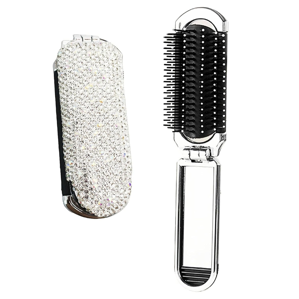 1 Pack Rhinestone Pocket Hair Brush with Mirror Bling Travel Folding Combs Sparkle Portable Collapsible Compact Comb for Women Wedding Party Silver White (No Chain-White)