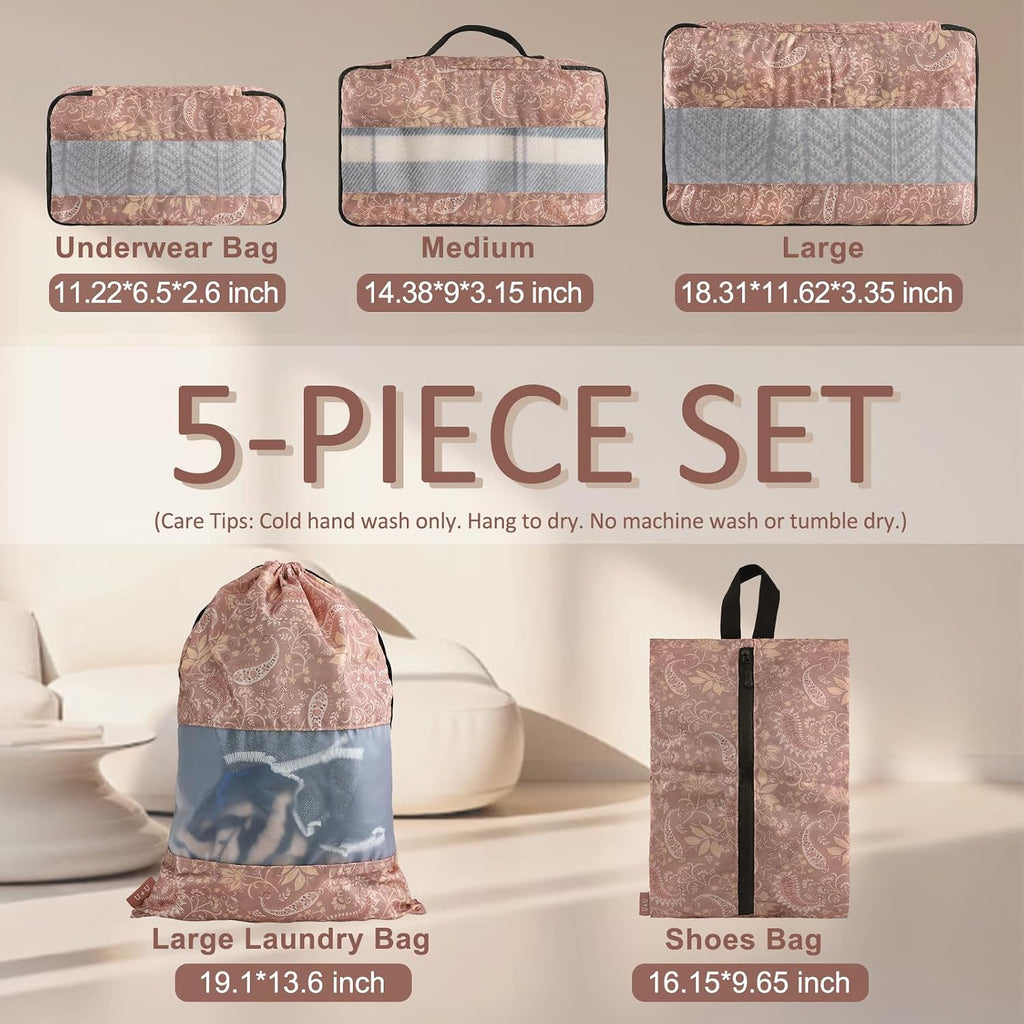 U+U 5 Set Packing Cubes, Travel Organizers with Shoe Bag (Paisley Pattern)