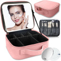 Makeup Bag with Led Mirror,with 3 Color Setting & 10x Magnifying Mirror, Portable Storage and Adjustable Dividers Travel Makeup Bag,for Women and Makeup Artists Large Vanity Makeup Cases-Pink
