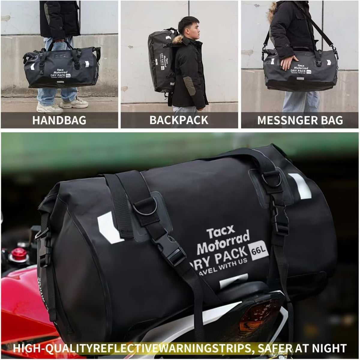 Waterproof Duffel Bag, Roll-top Dry Bag Tail Bag with Large Storage Space, Waterproof Luggage Duffle Bags with Quick-fixed Straps for Camping, Rafting,Kayaking, Traveling, 48L-Black