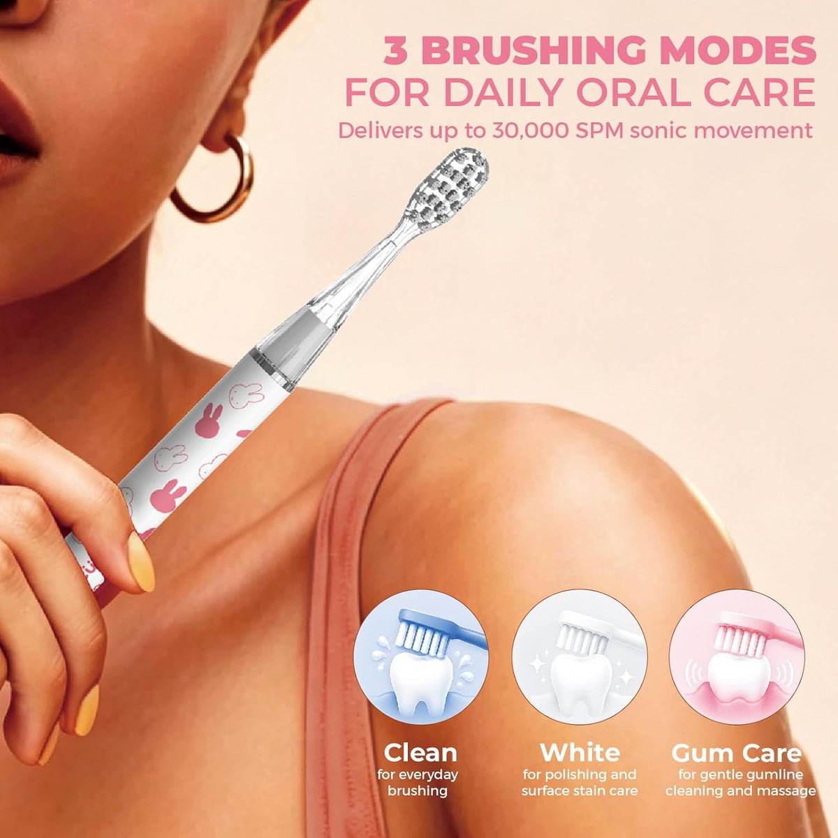 Miffy BRUSGO i4-Snap (Brush GO) Slim Electric Toothbrush Rechargeable Sonic 3 Modes, Travel Case&Ceramic Dock, 90Days Battery Soft Bristles 3 Brush Heads IPX7 Waterproof, Color-Miffy Light Pink