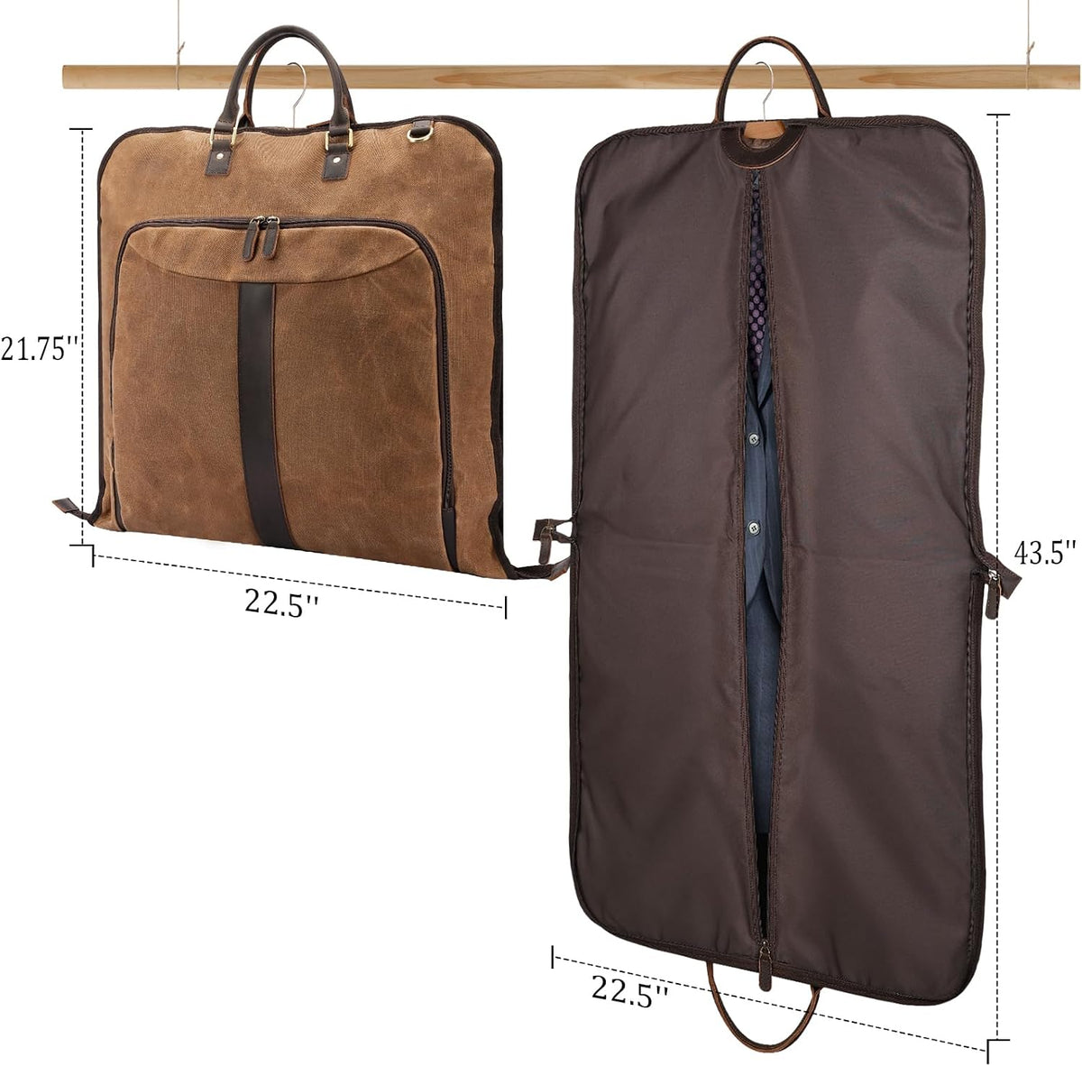 Polare Waxed Canvas Full Grain Leather Trim Garment Carry On Bag for Travel, Foldable Hanging Suitcase Weekender Dust-Proof Garment Waterproof Cover with YKK Zipper and Adjustable Strap