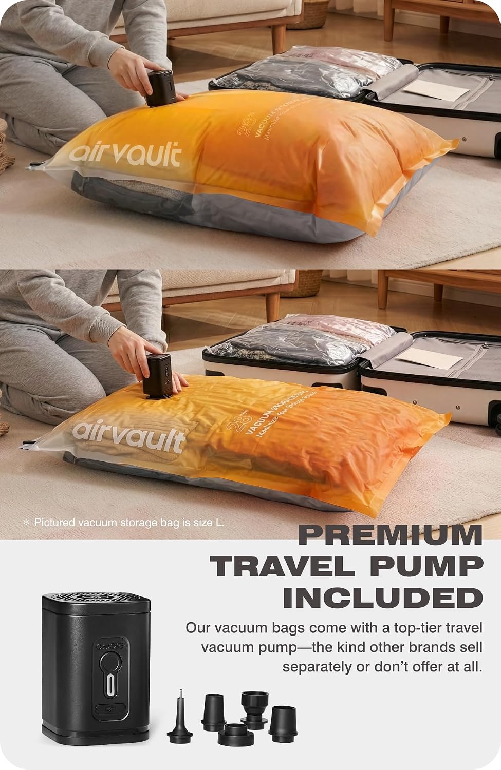 AirVault Vacuum Storage Bags for Travel & Home - Space Saver Compression Packing Bags Set for Clothes, Blankets & Seasonal Storage, Small (5), Medium (5), Large (5) (Orange,15-Pack Combo)
