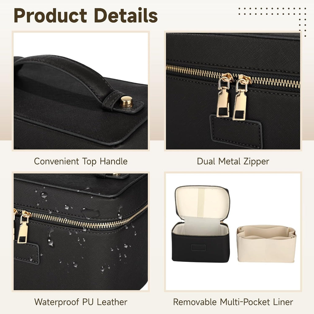 Makeup Vanity Bag for Women - Large Capacity Cosmetic Organizer with Removable Liner, Waterproof PU Leather Skincare Bag, Portable Chic Cosmetic Make Up Case for Skincare, Accessories,StyleB, Black