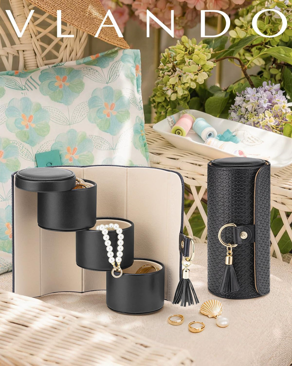 VLANDO Travel Jewelry Organizer, 3 Tier Roll Up Design, Hard Shell Storage