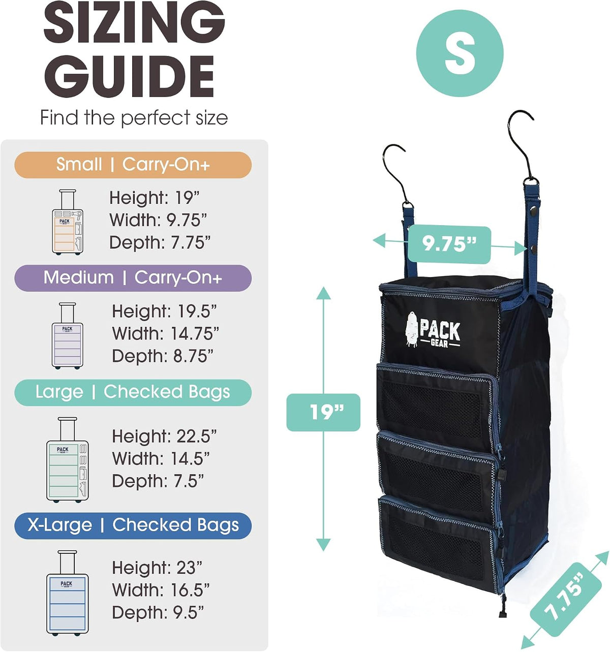 Pack Gear Small Hanging Carry-On Organizer with Mesh Windows, Black