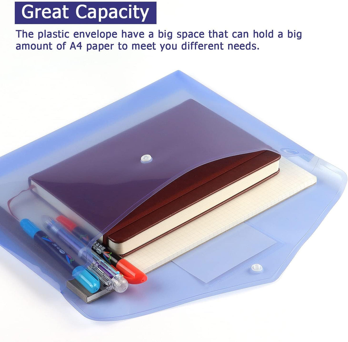 6 Pack Clear Document Folders Plastic Envelopes, A4 Size, Blue