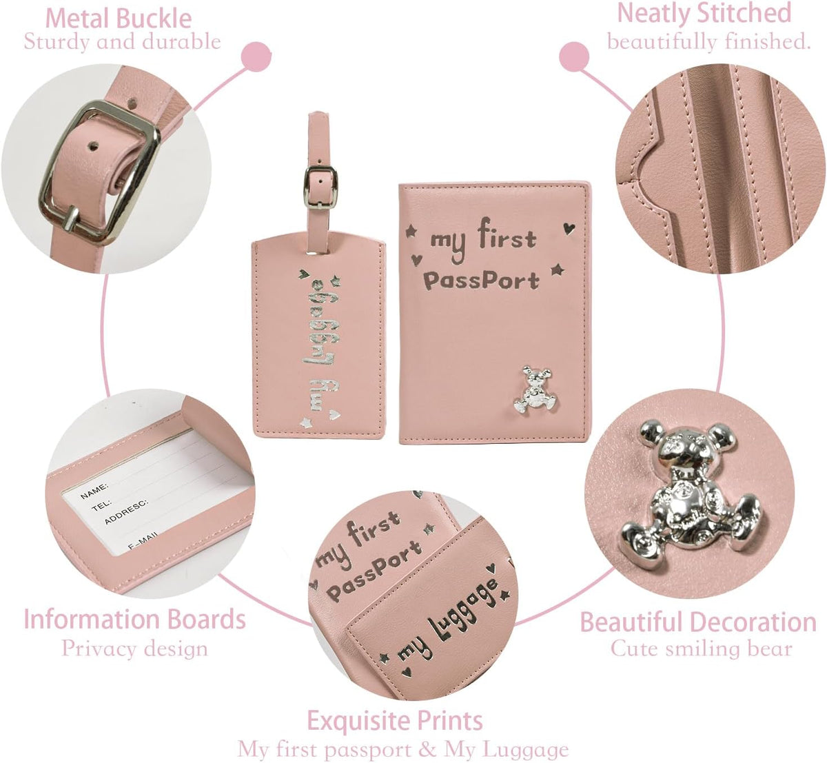 Baby Passport Cover with Travel Luggage Tag, Pink, Girls Boys