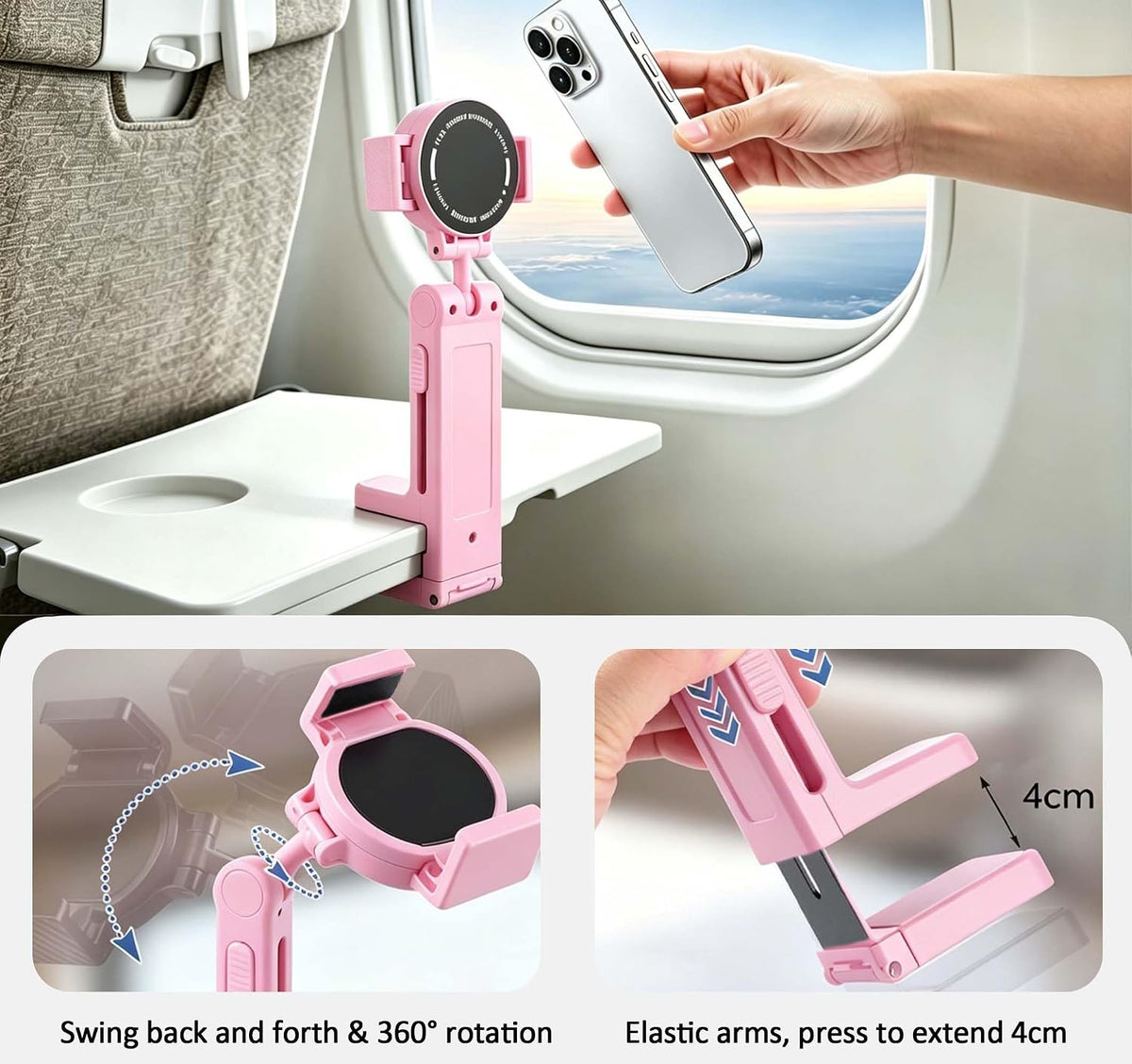 Airplane Travel Essentials Phone Holder for Desk,Magnetic Phone Holder with Clip, 360° Rotation, Travel Essential Mount for Airplane for Airplane, Travel Must Haves Phone Stand for Desk, Tray Table