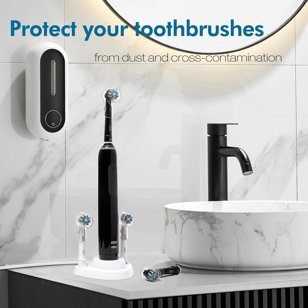 4 Pack Brush Head Covers Compatible with Oral B & iO Electric Toothbrush Heads + Toothbrush Holder with 1 Charging Station Slot and 2 Brush Head Stands