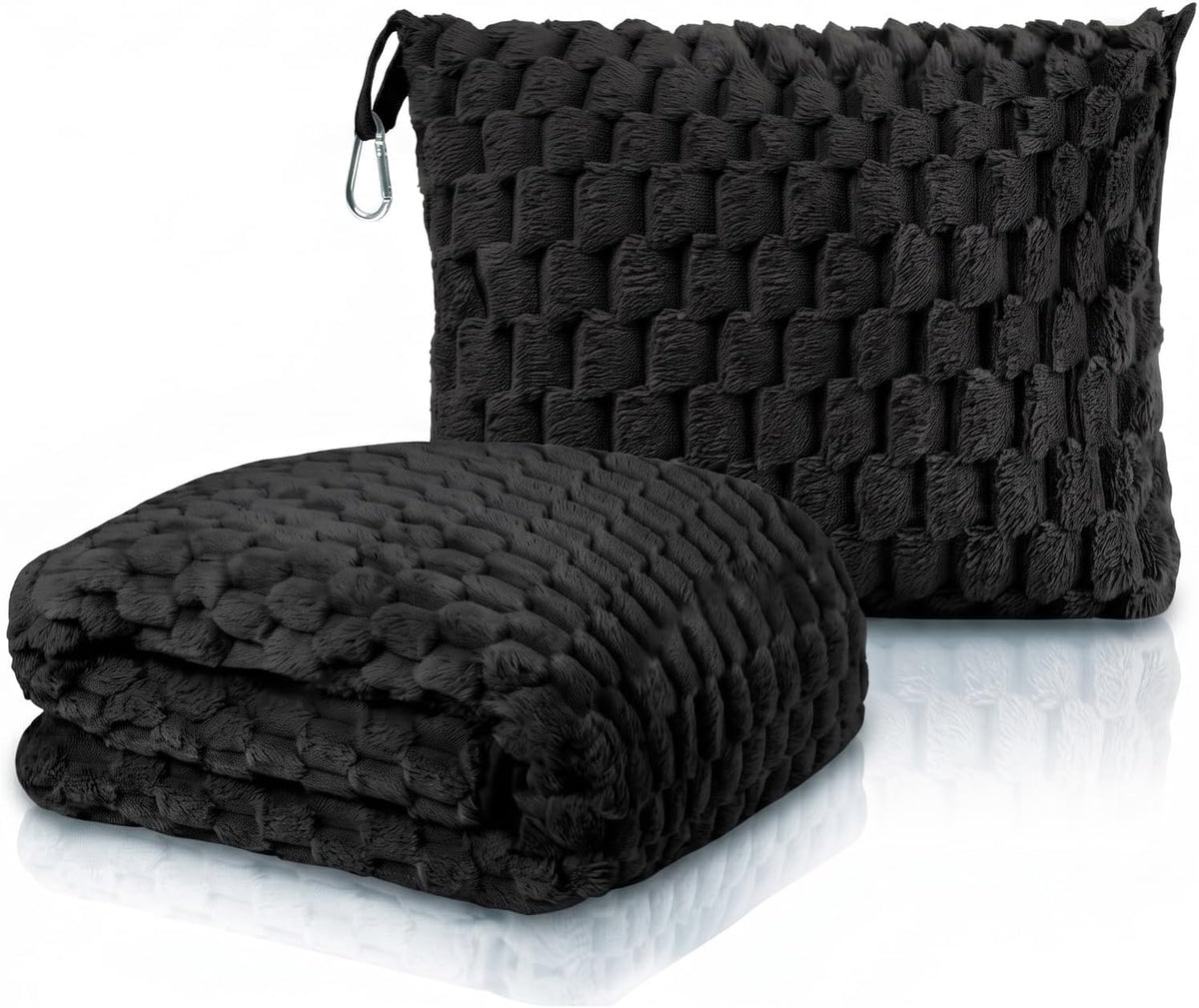 Travel Blanket with Bag, Soft Fleece Portable Airplane Blanket, Black