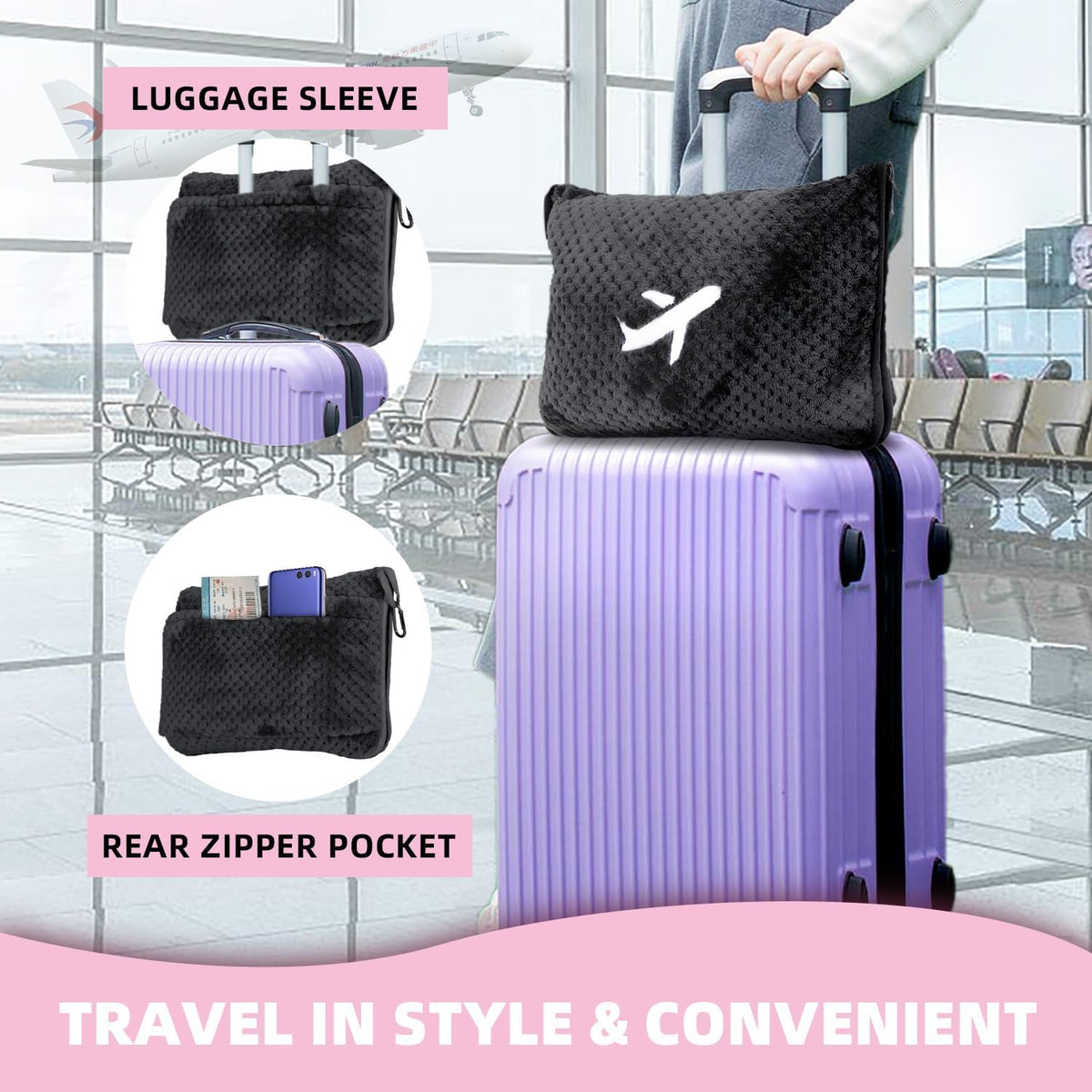 3 in 1 Travel Blanket Pillow Set - 350 GSM Thick Travel Blanket Airplane Compact with Bag, Soft Bag with a Pocket, Inflatable Travel Pillow for Camping & Car Trip (Dark Grey)