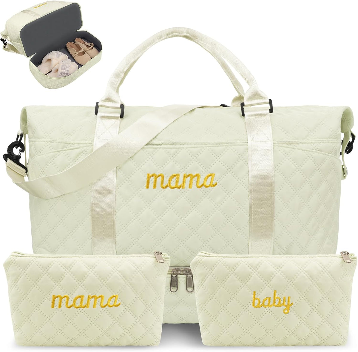Mama Baby Pregnancy Hospital Bag Essentials for Women Labor Delivery Diaper Organizer with Shoe Compartment,2 Waterproof Toiletry Pouch Travel Duffle Bag for Mommy Weekender Overnight Gym Gifts,Beige