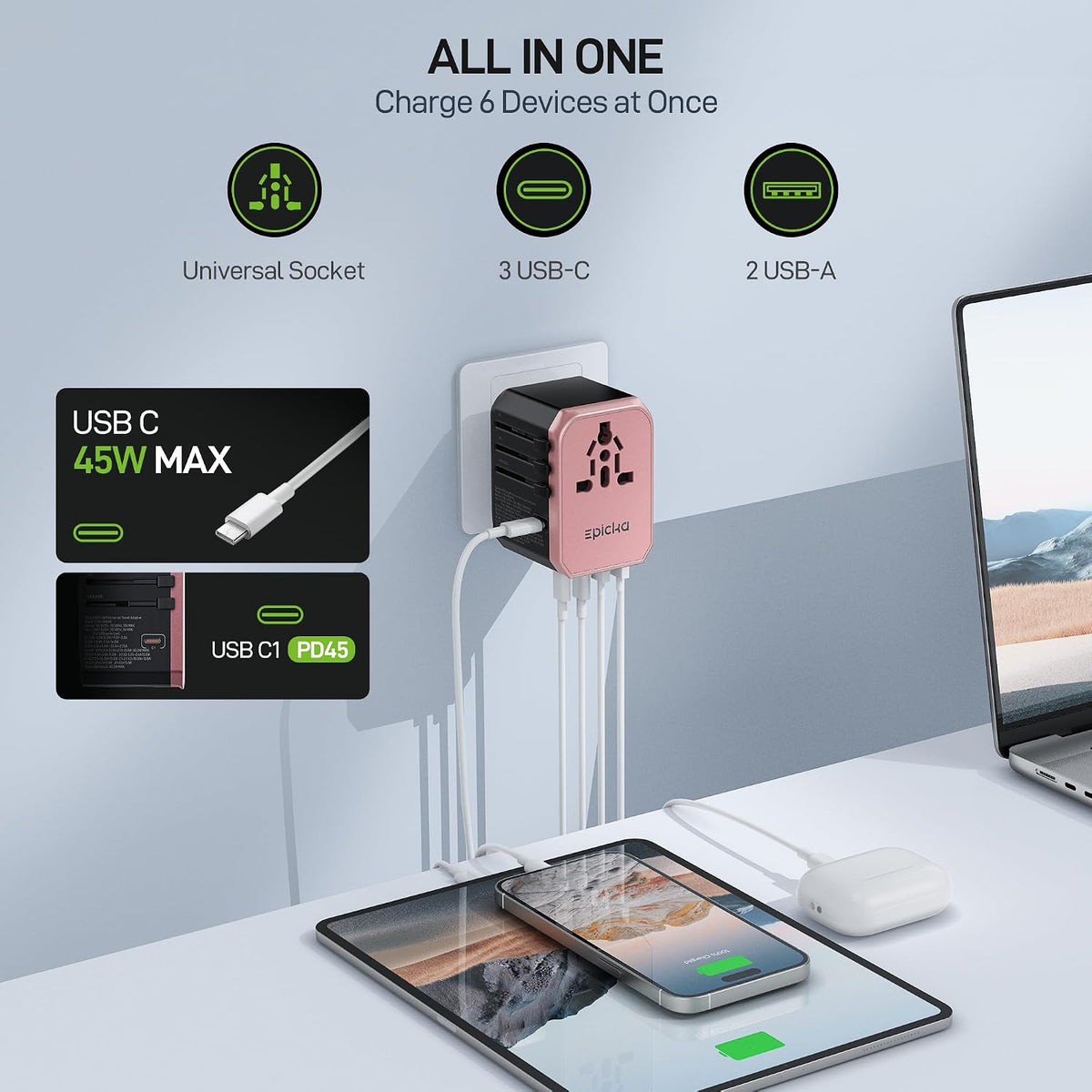EPICKA 45W Universal Travel Adapter PD&QC, 1AC/3USB-C/2USB-A