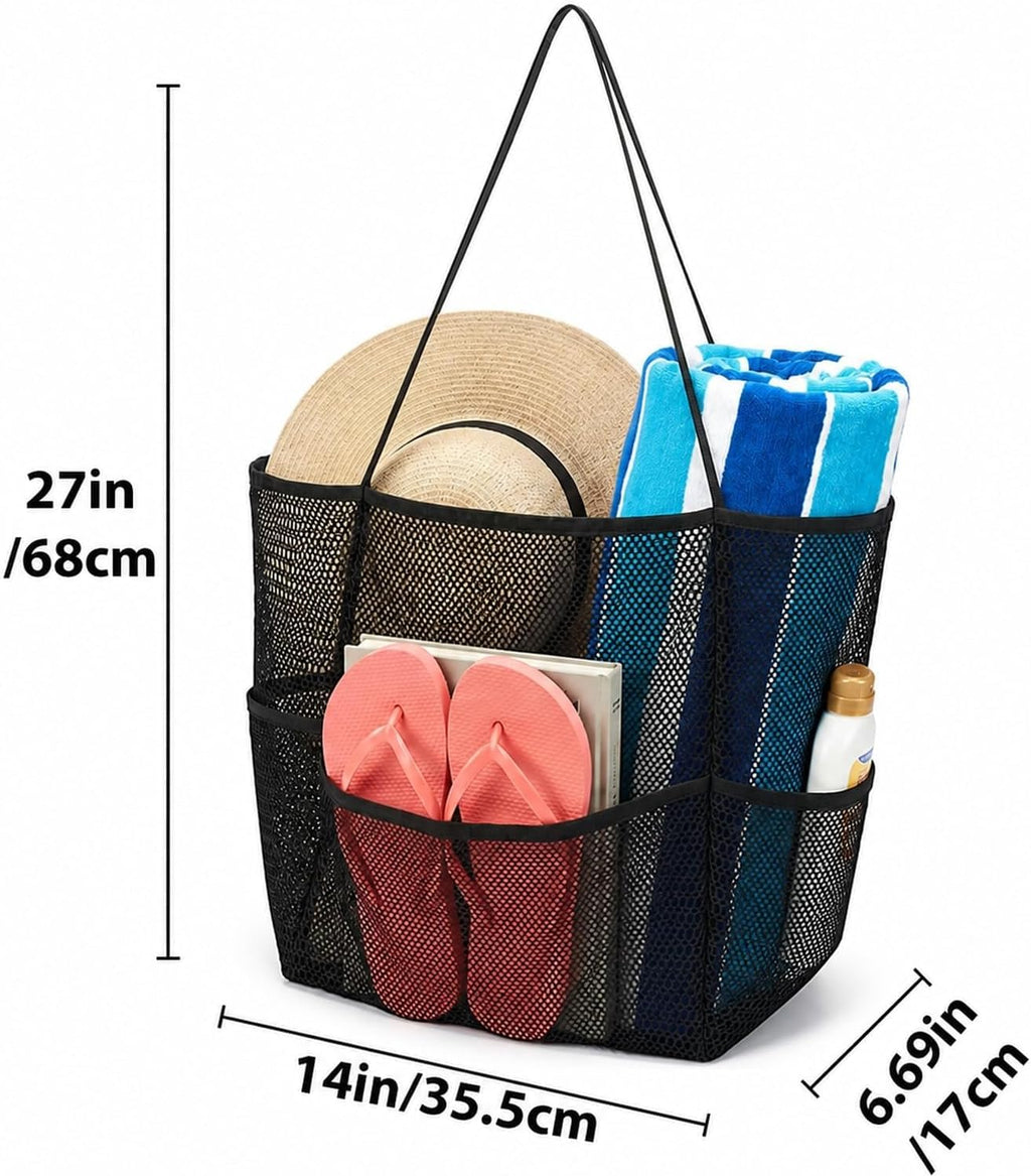 Black Foldable Mesh Beach Tote, 5-Pocket Sand-Proof Travel Bag