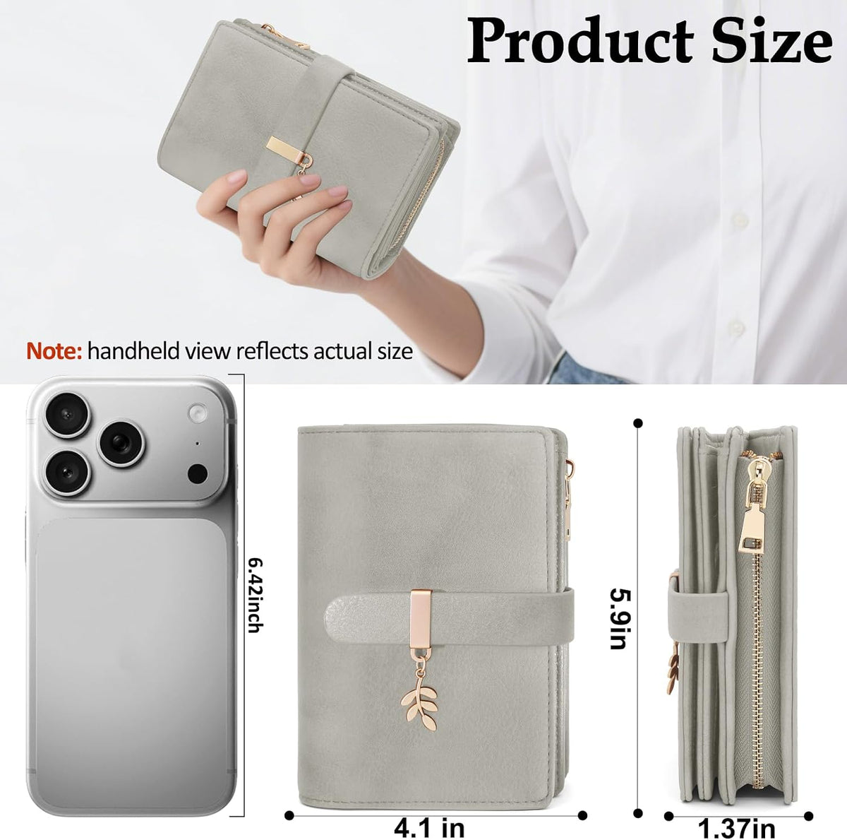 RFID Blocking Trifold Wallet for Women PU Leather Credit Card Holder Grey