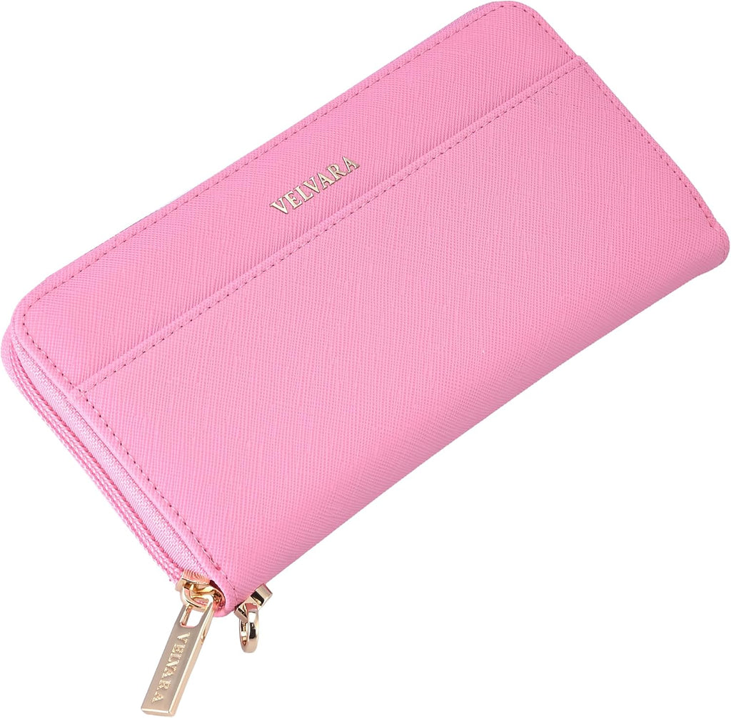 Women’s RFID Blocking Wristlet Wallet, Slim PU Leather Bifold Card Holder with Zip-Around Closure and Wrist Strap, Pink