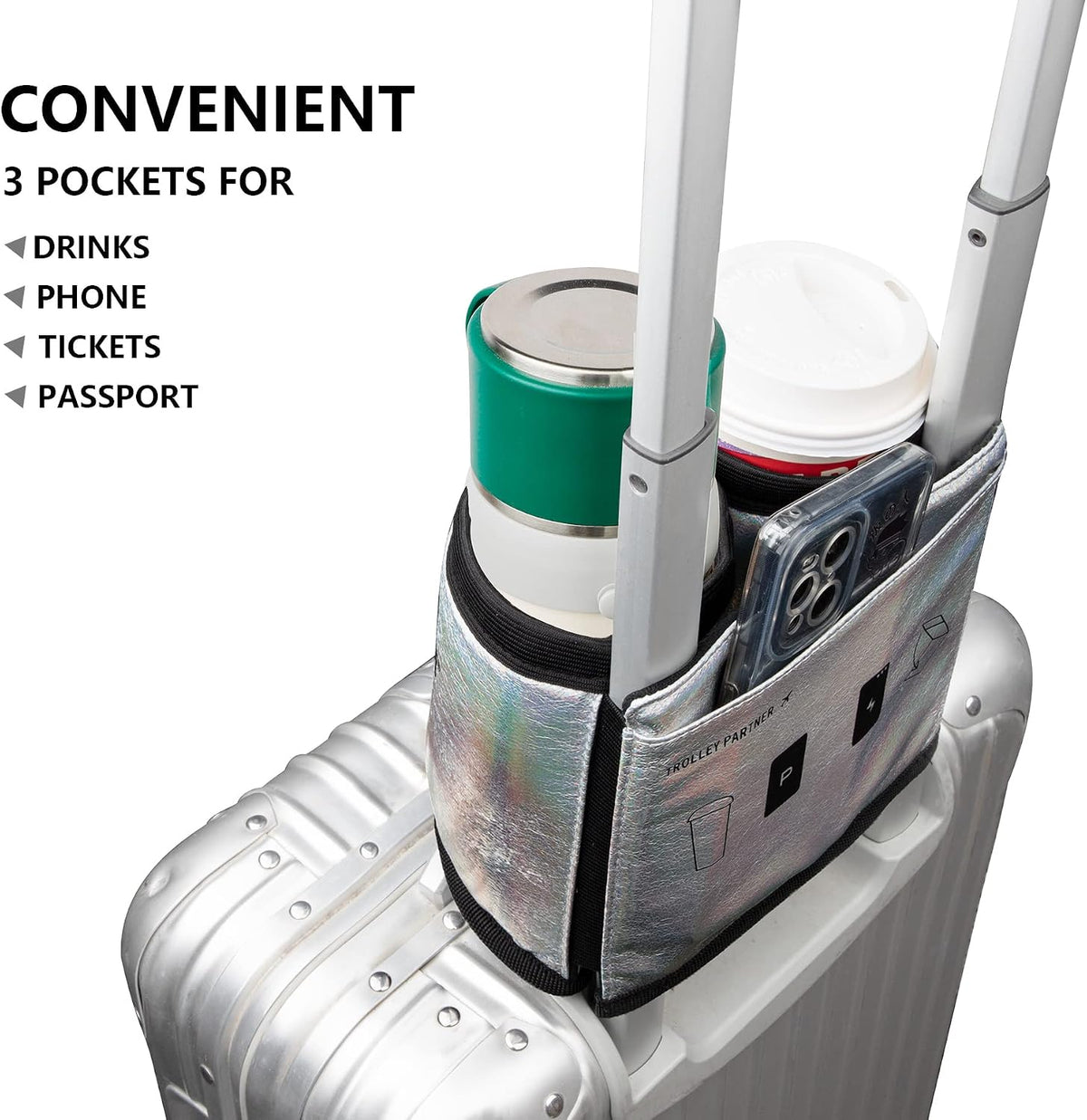 riemot Luggage Travel Cup Holder Free Hand Drink Carrier - Hold Two Coffee Mugs - Fits Roll on Suitcase Handles - Gifts for Flight Attendants Travelers Accessories Glitter Silver