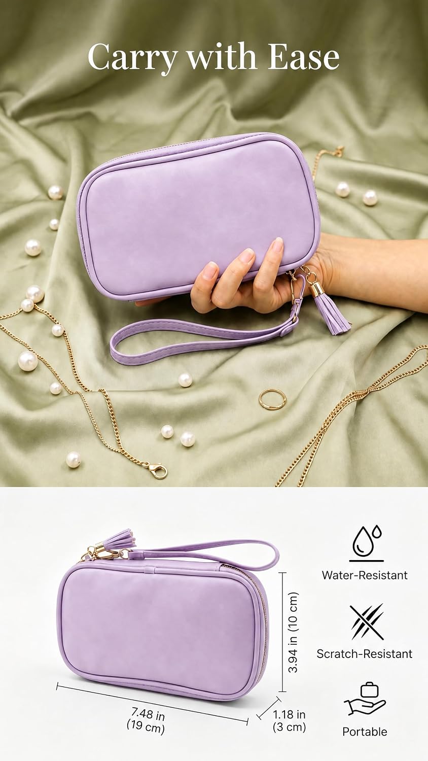 Lolalet Travel Jewelry Pouch, Flat Soft Carry-on Case Organizer -Lavender